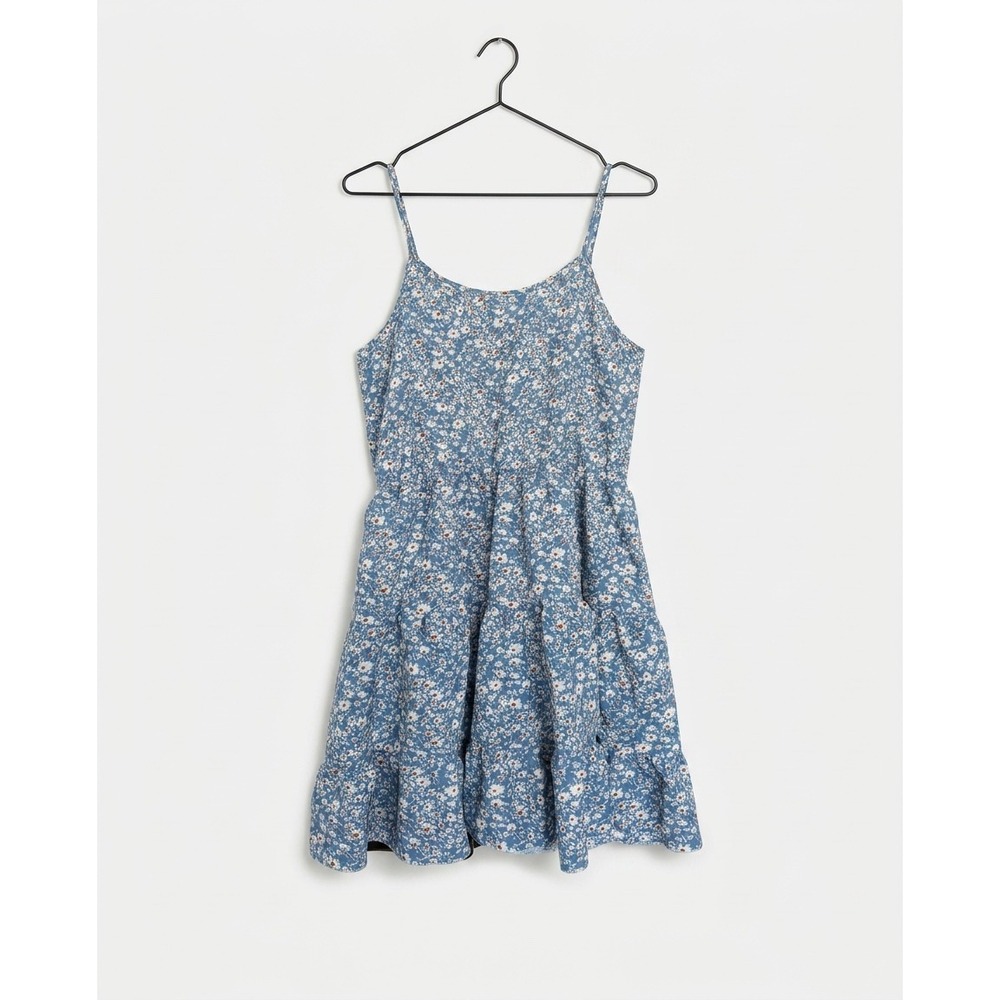 Blue Floral Tiered Sun Dress Spaghetti Strap Mini Boho Summer Dress Size 8